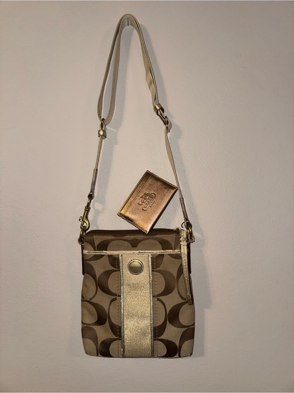 Coach Signature Crossbody in Tan and Gold Metallics and CardHolder